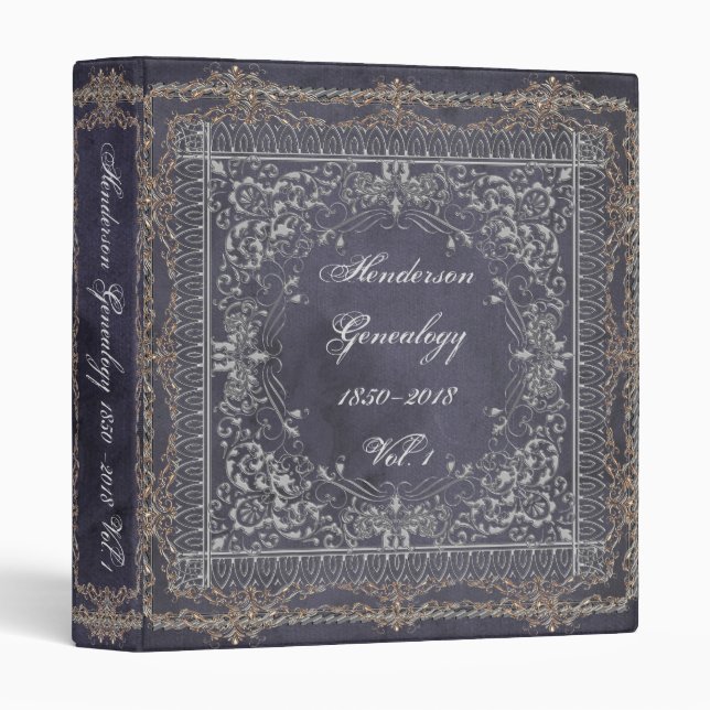 Ornate Victorian Black Gray Family Tree Genealogy 3 Ring Binder (Front/Spine)