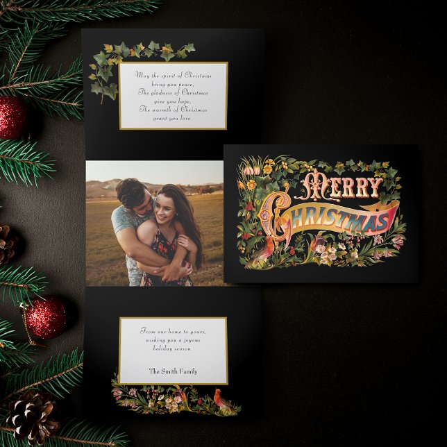 Ornate Victorian Christmas Greeting and Floral Tri-Fold Holiday Card (Creator Uploaded)