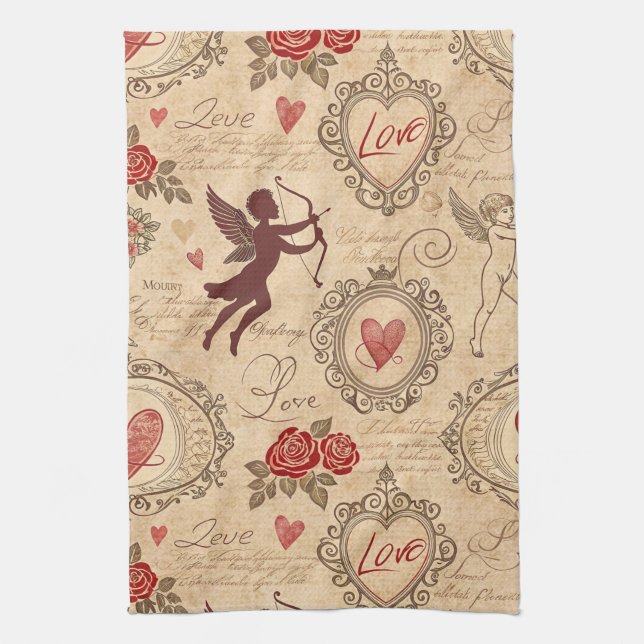Ornate Victorian Cupid Valentine Romance Kitchen Towel (Vertical)