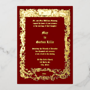Ornate Victorian Era Floral Foliage Banner Wedding Foil Invitation
