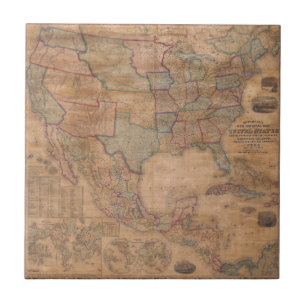 Ornate Victorian US Map on Aged Parchment Ceramic Tile
