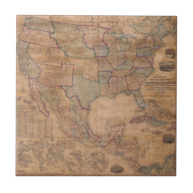 Ornate Victorian US Map on Aged Parchment Ceramic Tile (Front)