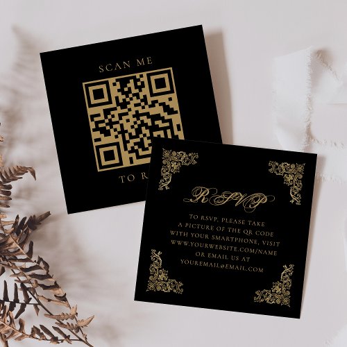Ornate Vintage Black Gold Wedding QR Code RSVP Enclosure Card