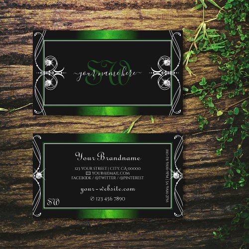 Ornate Vintage Black Green Sparkle Jewels Initials Business Card