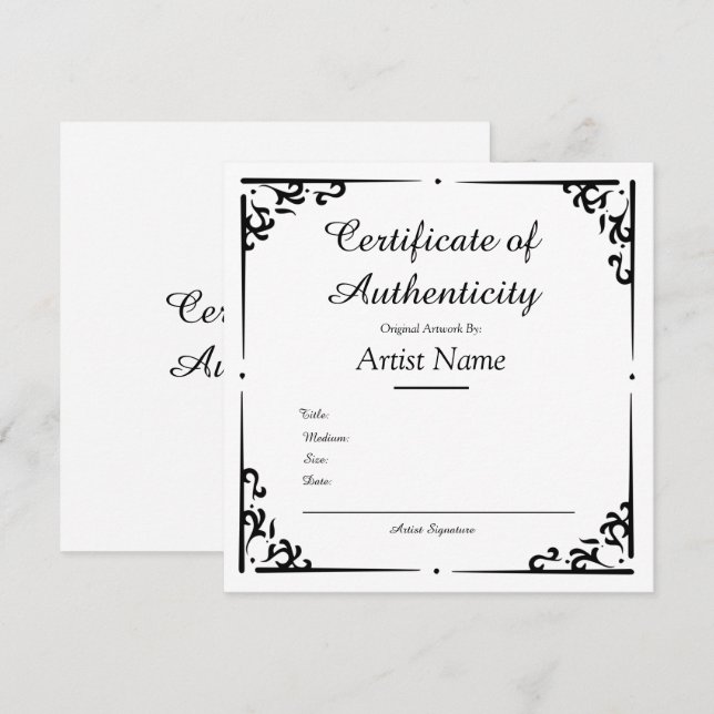 Ornate Vintage Certificate of Authenticity for Art (Front/Back)