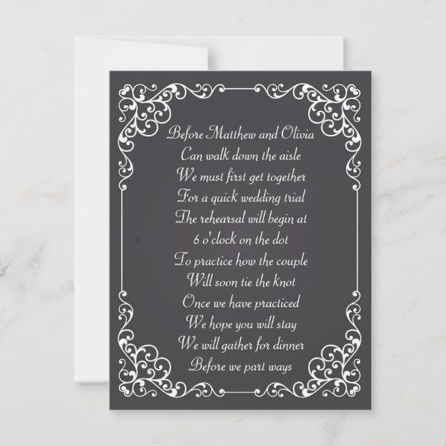 Ornate Vintage Chalk Rehearsal Dinner Poem Invites (Front)