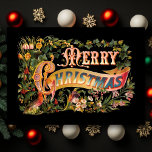 Ornate Vintage Christmas Greeting Card<br><div class="desc">Richly embellished Christmas greeting featuring ornate text on a banner decorated with holly,  assorted flowers and leaves,  and a cardinal on a black background. Inside text is customizable.</div>