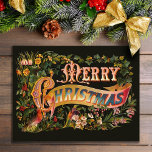 Ornate Vintage Christmas Greeting Postcard<br><div class="desc">Richly embellished Christmas greeting featuring ornate text on a banner decorated with holly,  assorted flowers and leaves,  and a cardinal on a dark olive background.</div>