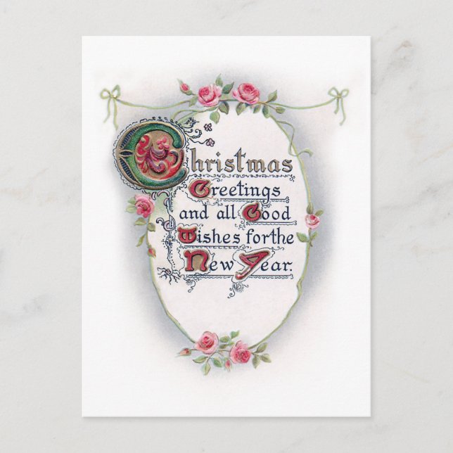 Ornate Vintage Christmas Greeting with Roses Postcard (Front)