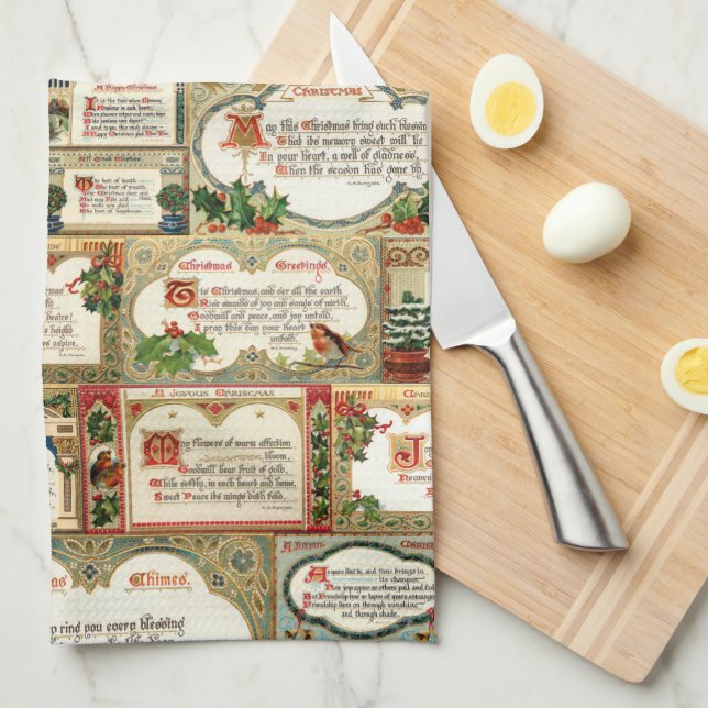 Ornate Vintage Christmas Greetings Collage Kitchen Towel (Quarter Fold)