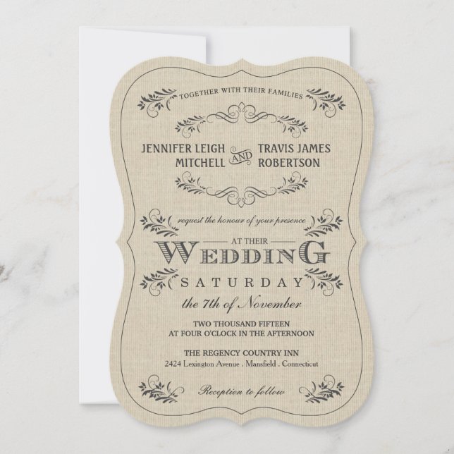 Ornate Vintage Flourish Burlap Wedding Invitations (Front)