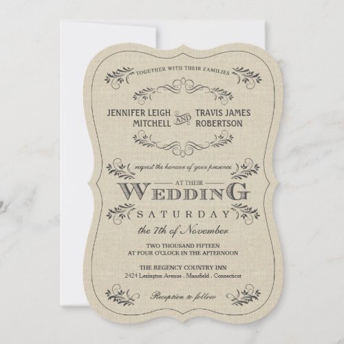 Ornate Vintage Flourish Burlap Wedding Invitations