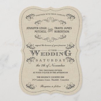Ornate Vintage Flourish Burlap Wedding Invitations by weddingtrendy at Zazzle