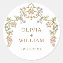 Ornate Vintage Frame Bohemian Flowers Wedding Classic Round Sticker