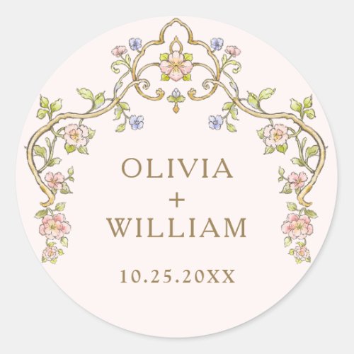 Ornate Vintage Frame Bohemian Flowers Wedding Classic Round Sticker