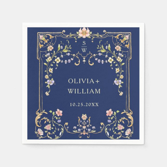 Ornate Vintage Frame Bohemian  Flowers Wedding Napkins (Front)