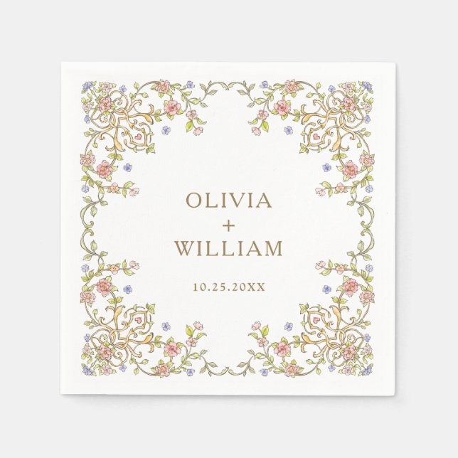 Ornate Vintage Frame Bohemian  Flowers Wedding Napkins (Front)