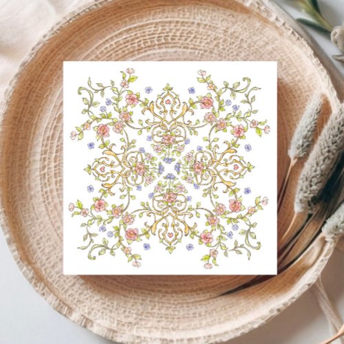 Ornate Vintage Frame Bohemian  Flowers Wedding Napkins