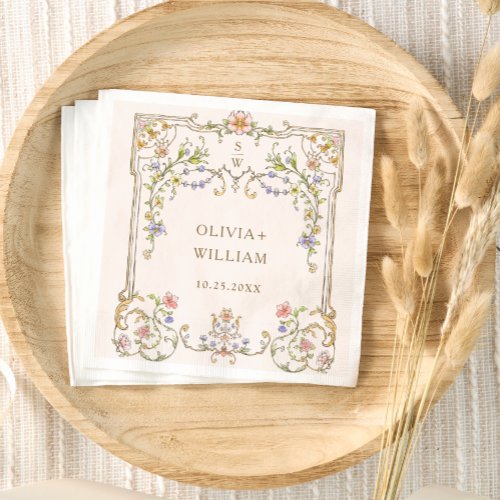 Ornate Vintage Frame Bohemian  Flowers Wedding Napkins