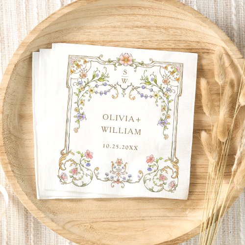 Ornate Vintage Frame Bohemian  Flowers Wedding Napkins