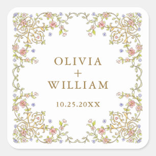 Ornate Vintage Frame Bohemian Flowers Wedding Square Sticker