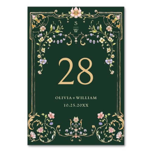 Ornate Vintage Frame Bohemian Flowers Wedding Table Number