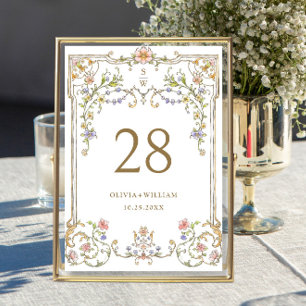 Ornate Vintage Frame Bohemian Flowers Wedding Table Number