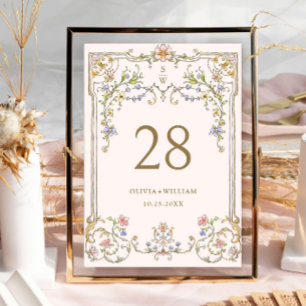 Ornate Vintage Frame Bohemian  Flowers Wedding Table Number