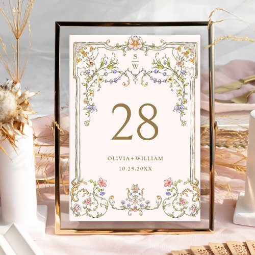 Ornate Vintage Frame Bohemian  Flowers Wedding Table Number