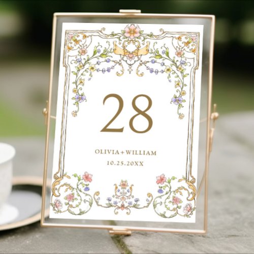 Ornate Vintage Frame Bohemian Flowers Wedding Table Number