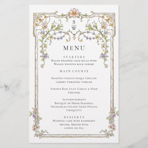 Ornate Vintage Frame Boho Wedding Dinner Menu