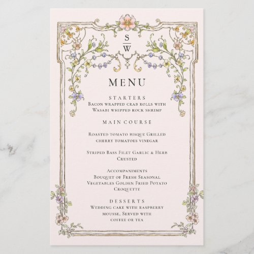 Ornate Vintage Frame Boho Wedding Dinner Menu