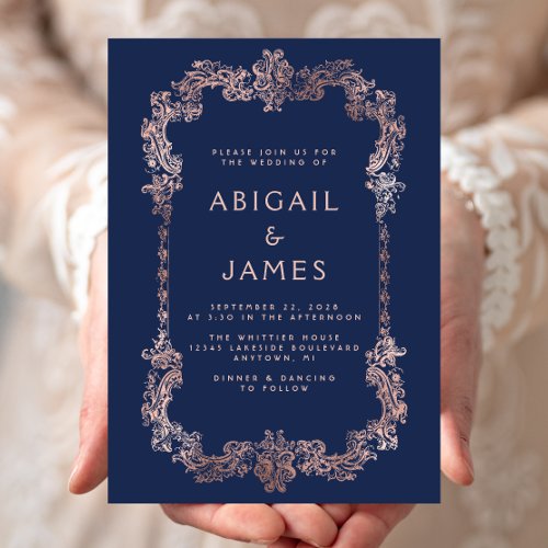 Ornate Vintage Frame Navy Blue Rose Gold Wedding Invitation