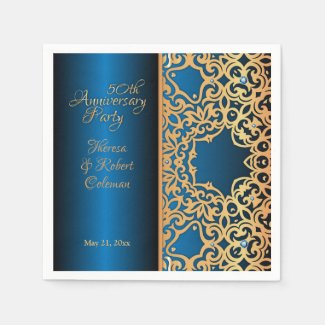 Ornate Vintage Gold And Blue Jeweled Anniversary Napkins