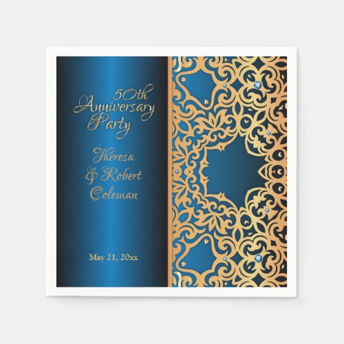 Ornate Vintage Gold And Blue Jeweled Anniversary Napkins