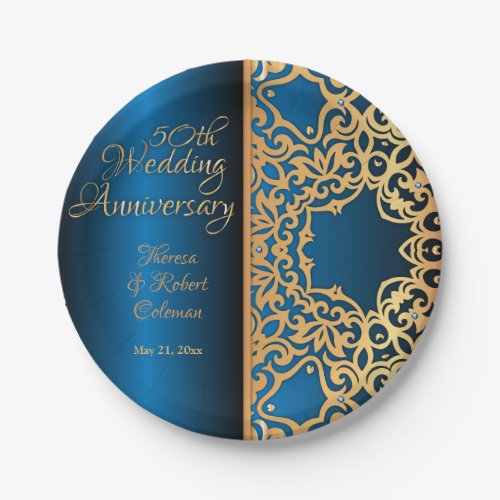 Ornate Vintage Gold And Blue Jeweled Anniversary Paper Plates