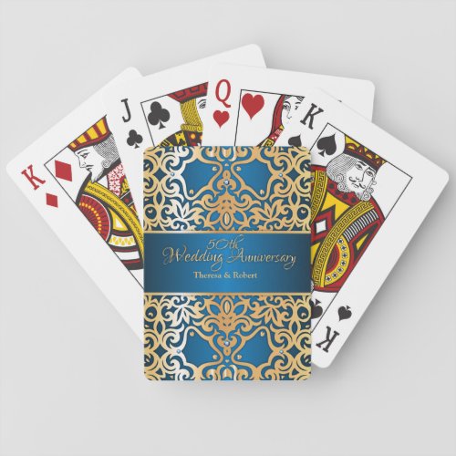 Ornate Vintage Gold And Blue Jeweled Anniversary Playing Cards