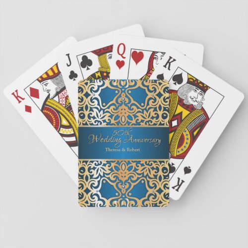 Ornate Vintage Gold And Blue Jeweled Anniversary Poker Cards