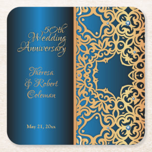 Ornate Vintage Gold And Blue Jeweled Anniversary Square Paper Coaster