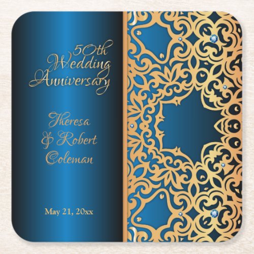 Ornate Vintage Gold And Blue Jeweled Anniversary Square Paper Coaster