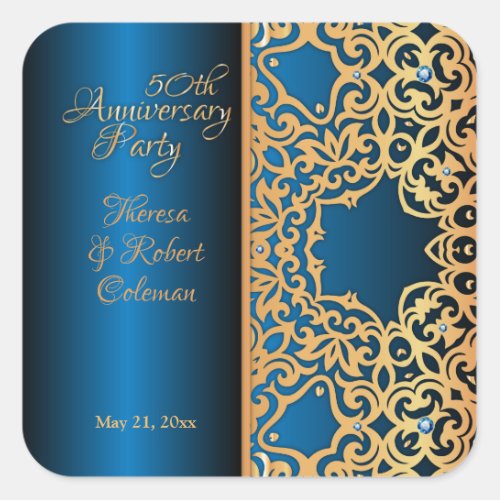 Ornate Vintage Gold And Blue Jeweled Anniversary  Square Sticker