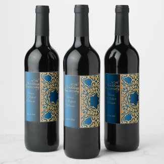 Ornate Vintage Gold And Blue Jeweled Anniversary Wine Label