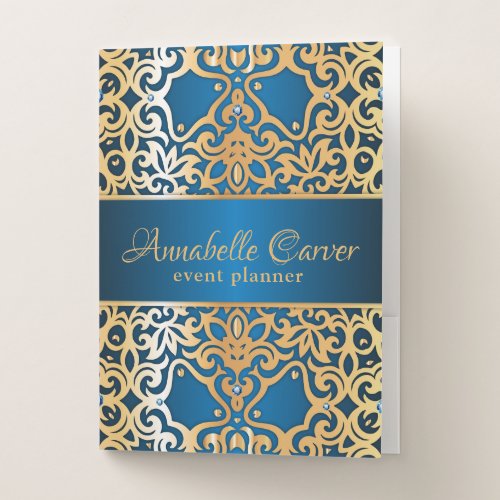 Ornate Vintage Gold And Blue Jeweled Event Planner Pocket Folder