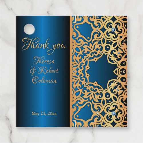 Ornate Vintage Gold And Blue Jeweled Thank You Favor Tags