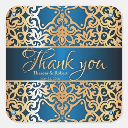 Ornate Vintage Gold And Blue Jeweled Thank You Square Sticker
