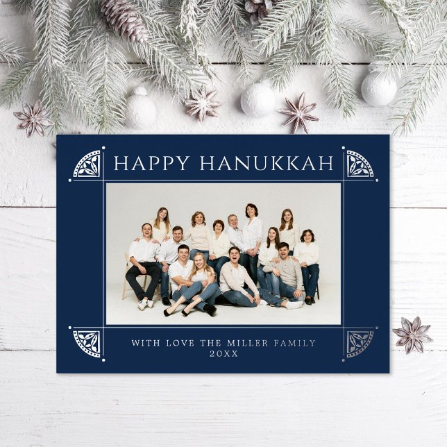 Ornate Vintage Motif Hanukkah Photo Navy Foil Holiday Card (Creator Uploaded)