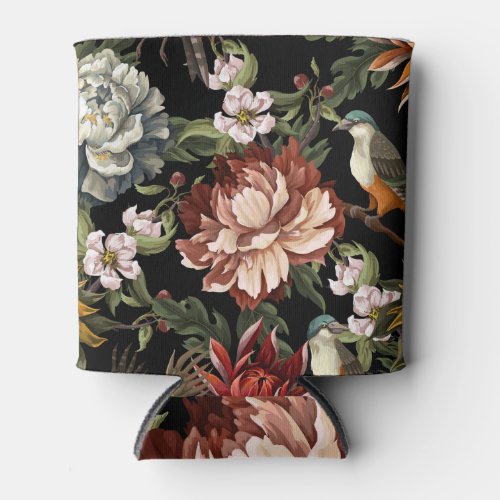 Ornate Vintage Peonies Roses Birds Can Cooler