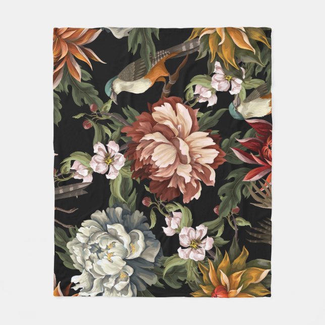 Ornate Vintage Peonies, Roses, Birds. Fleece Blanket (Front)