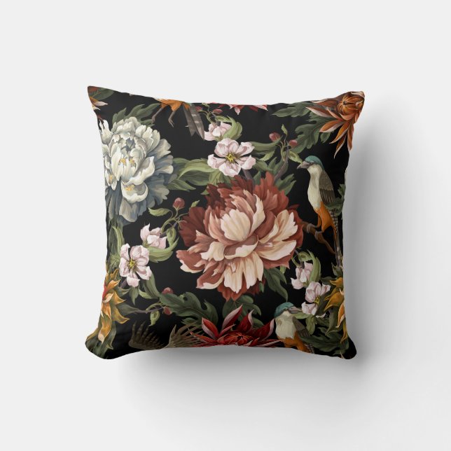 Ornate Vintage Peonies, Roses, Birds. Throw Pillow (Front)