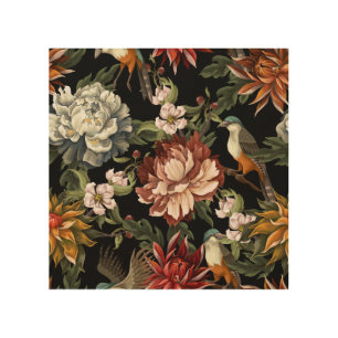 Ornate Vintage Peonies, Roses, Birds. Wood Wall Art